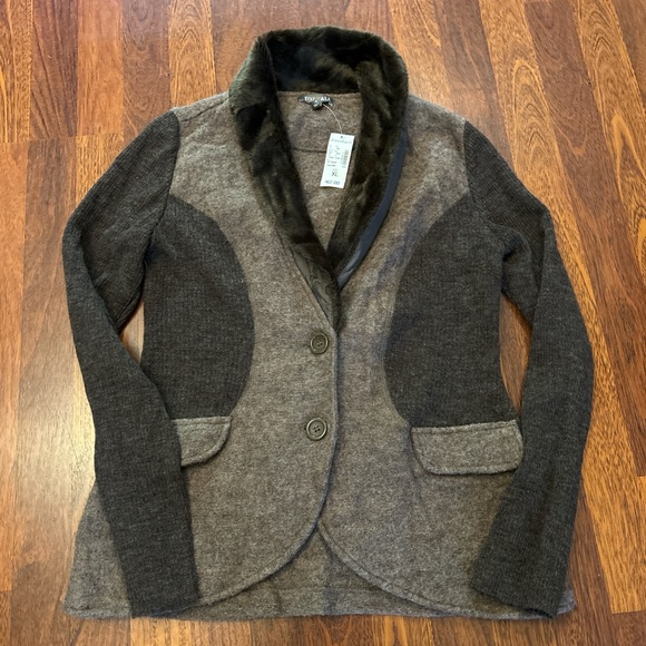 Roz & Ali Sweaters - Roz & Ali Brown Wool Cardigan Sweater Blazer Shacket Faux Fir Collar Size XL